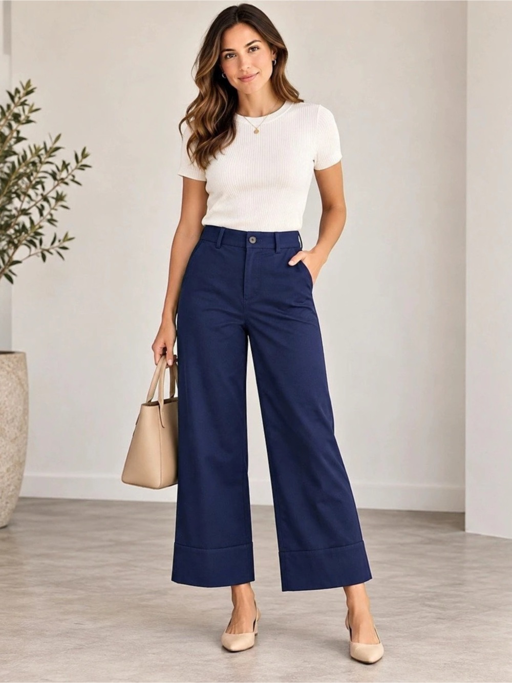 SPANX supersmooth Stretch Twill Ankle Length Wide Leg Pants Blue Small